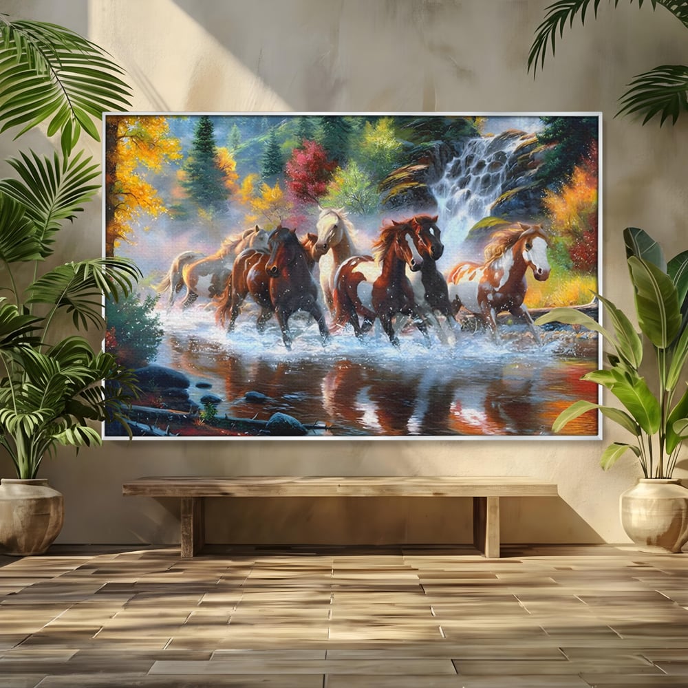 Tablou canvas cu tablou canvas cu cai galopand prin apa, in rama de aluminiu argintiu